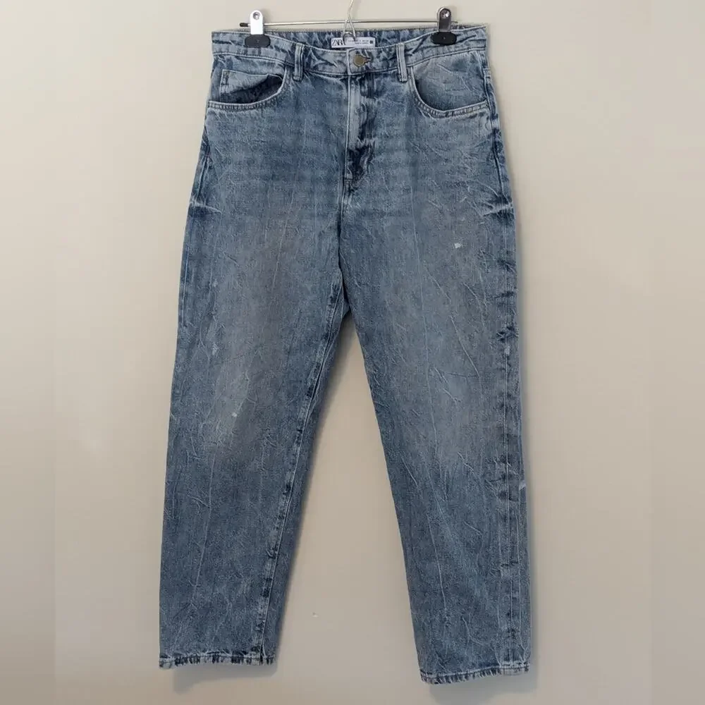 Zara Distressed Wide Baggy Barrel Leg Mom Jeans Sz 6 - Picture 2 of 7